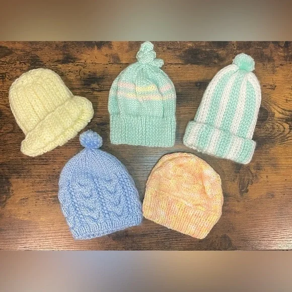 Bundle of Five 5 Newborn Baby Handmade Crotchet Beanie Hats Multicolor - Picture 2 of 2